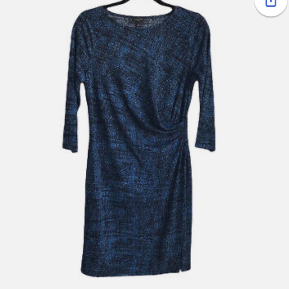 TALBOTS Blue & Black Print Ruched Jersey Knit Dress